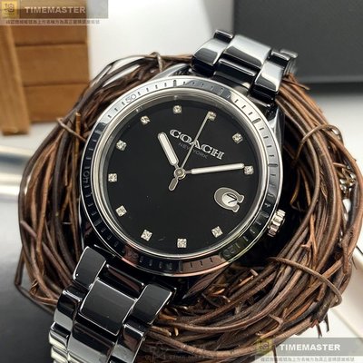 COACH手錶,編號CH00103,36mm黑圓形陶瓷錶殼,黑色中三針顯示, 陶瓷款, 鑽刻度錶面,深黑色陶瓷錶帶款