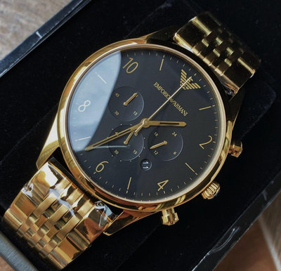 EMPORIO ARMANI 黑色面錶盤 金色不鏽鋼錶帶 石英 三眼計時 男士手錶 AR1893 亞曼尼腕錶