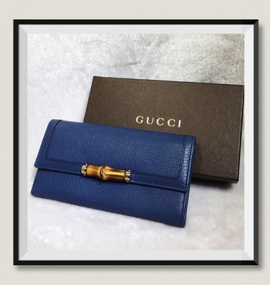 *旺角名店* ㊣ Gucci 靛藍 竹節扣飾荔枝紋 壓紋牛皮長夾 皮夾 錢包
