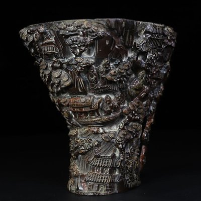 舊藏牛角雕刻山水人物酒杯擺，長17.5厘米寬14厘米高17厘米，重1476克，180，，1312【厚道古玩】XJL古玩 收藏 古董