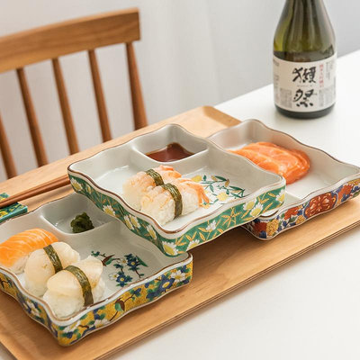日本進口美濃燒復古錦彩陶瓷分格餐盤壽司盤餃子味碟蘸醬油醋盤