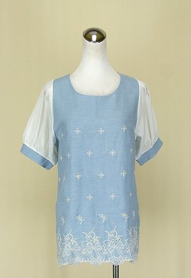 TOKYO 東京著衣 粉藍雕花圓領短袖棉質雪紡紗洋裝S號(75403)