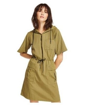 Timberland 女款橄欖綠小寬鬆 腰間抽繩 修身防潑水連帽連身裙 機能外套（可單穿也可內搭t恤或襯衫）