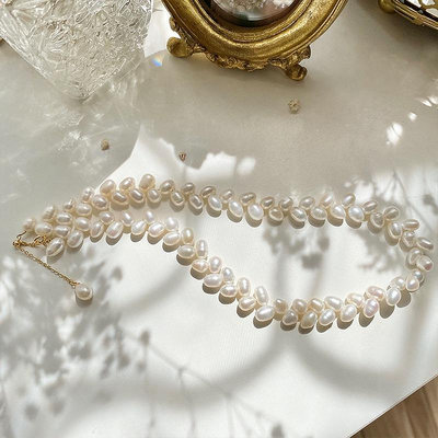 真金電鍍樹葉珍珠項鍊 法式復古高級感氣質鎖骨鏈時尚OL項飾（滿599免運）