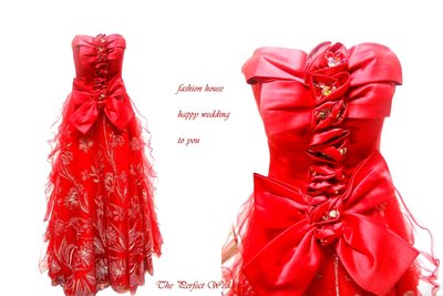 【時尚屋婚紗禮服】紅色露肩彩鑽蕾絲華麗浪漫造型款~二手禮服～Ｗ３１２(歡迎預約試穿)