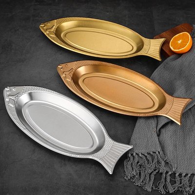 304韓式不銹鋼魚盤烤魚盤創意燒烤盤小吃盤魚型菜盤橢圓盤蒸魚盤