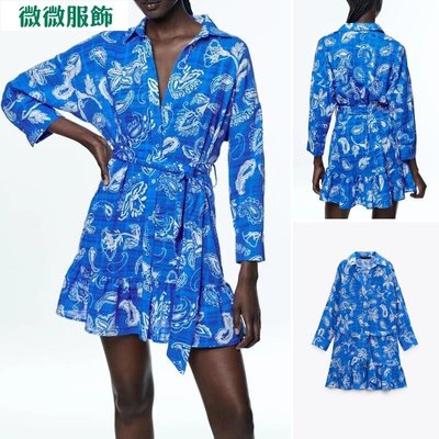 ZARA 22夏裝新款復古印花襯衫式洋裝翻領長袖腰帶層疊飾0387153-微微服飾