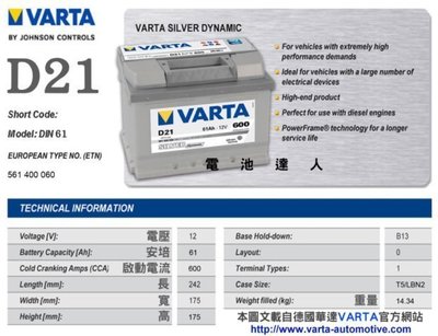 VARTA 電瓶 (D21 61AH)電池 COOPE LUPO POLO GOLF 55421 55566 56220