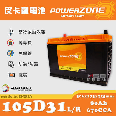 【茂勝電池】POWERZONE 皮卡龍 105D31L 105D31R (12V80AH) 日規電池 汽車電瓶 國產車