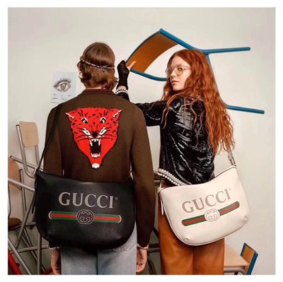 【翰貝格名牌館】全新真品 Gucci 復古 印刷 綠紅綠 黑色 牛皮 拉鍊 半月包 斜背 側背包 523588 現貨