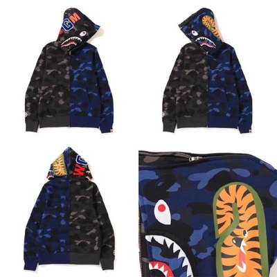 日本BATHING APE潮流BAPE秋冬SHARK COLOR CAMO鯊魚黑藍色迷彩拼接男女装情侣連帽外套拉鍊衛衣