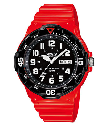 【金台鐘錶】CASIO卡西歐 酷炫 潛水風100米防水 指針錶 (學生 當兵 必備) 紅X黑 MRW-200HC-4B