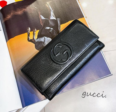 二手旗艦 Gucci 黑色 牛皮 雙Ｇ壓紋 DISCO 掀蓋 12卡 內拉鍊零錢袋 長夾 (中友店)