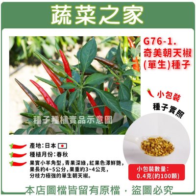 【蔬菜之家滿額免運】G76-1.奇美朝天椒(單生)種子0.4克(約100顆) (果實小羊角型，青果深綠，紅果色澤鮮艷)