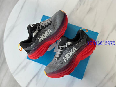 HOKA ONE ONE BONDI 8 慢跑鞋 灰紅 網布 厚底 輕量 緩震 路跑鞋 男女鞋