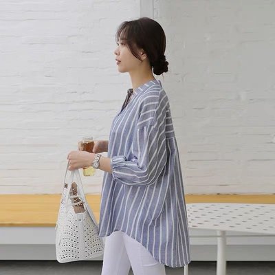 【2A Two】韓國代購➰七分袖⌒棉麻條紋質感襯衫 『BB00439』