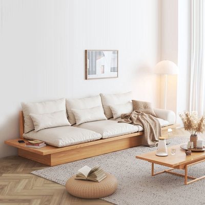 日式沙發實木框架客廳小戶型北歐簡約儲物三人地臺布藝原木侘寂風~特價
