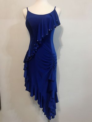 寶藍色拉丁斜擺荷葉裙連衣裙舞衣