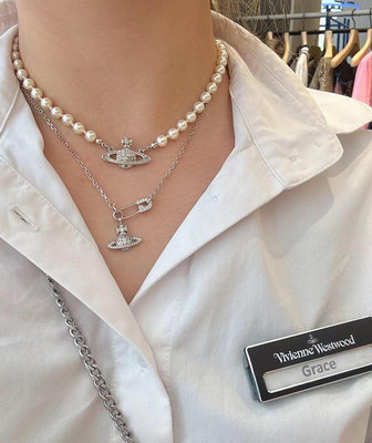 新款熱銷 首飾#Vivienne Westwood 星球鑲粉鑽珍珠頸鏈珍珠項鏈女神必備禮物 4087 明星大牌同款