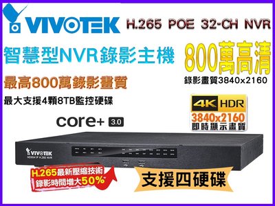 H.265 800萬畫素32CH VIVOTEK 晶睿 智慧型NVR錄影主機 POE-ND9541P