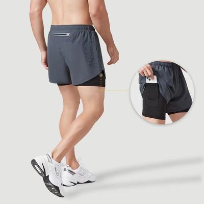 壓縮褲跑步短褲男假兩件輕薄速干反光運動褲健身田徑訓練馬拉松熱
