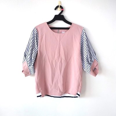 220201韓國製U-BLAND粉紅色拼接條紋砰砰袖五分袖上衣二手