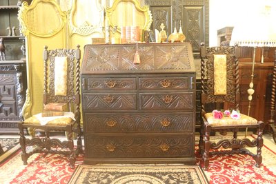 【家與收藏】稀有珍藏歐洲百年古董法國18世紀古典精緻手工刻花老邊櫃/寫字桌/置物櫃