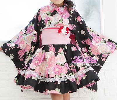 妍媽咪兒童禮服出租~日本進口金彩華麗天使薔薇黑色和服兒童禮服~寫真攝影表演