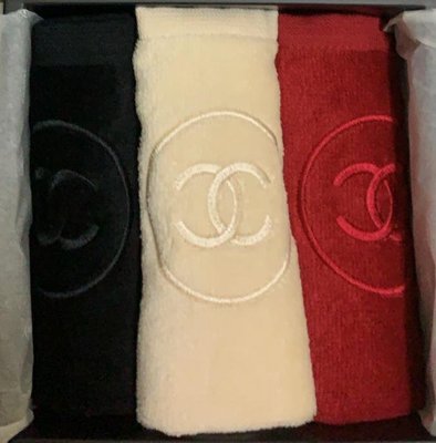 Chanel 香奈兒 經典 LOGO 棉質方巾 組 黑色+紅色+白色