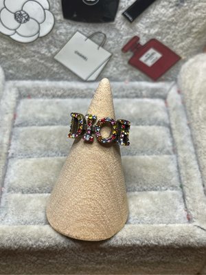 DIOR 超美 二手 復古金 彩色水晶 鑽字母logo 小寬版 造型 戒指