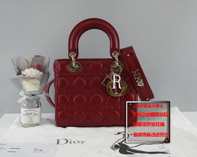 ☆優買二手精品名牌店☆ Dior CD LADY M0538 玫瑰紅色羊皮金釦 黛妃包 手提包斜背包 4X5 小號 激新