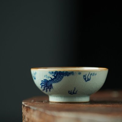 柴燒景德鎮手繪青花神龍陶瓷主人品茗杯復古開片大號普洱茶碗茶盞