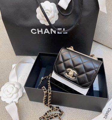 【翰貝格名牌館】全新真品 Chanel 黑色 羊皮 菱格 鐵牌 金鏈 斜背 Mini 小方盒 口蓋包 A81633