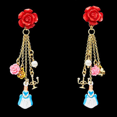 【Koaa海購】Les Nereides 琺瑯彩釉紅色玫瑰花朵珍珠燭台女孩吊墜長款流蘇耳環氣