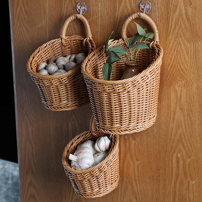 日式廚房蔥姜蒜收納筐衛生間浴室用品壁掛置物籃門背鑰匙收納編織籃 編織筐