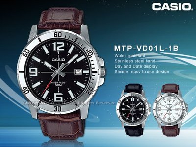 CASIO 卡西歐 手錶專賣店 國隆 MTP-VD01L-1B 指針男錶 皮革錶帶 黑色 日期顯示 防水50米 MTP-VD01L