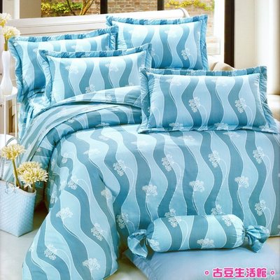 100%純棉_ 單人鋪棉床罩兩用被全套五件組。台灣製。3.5x6.2尺。KF2721藍