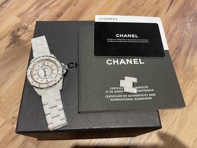 CHANEL 香奈兒 J12 8鑽 機械錶 自動上鏈 珍珠 貝殼面 白陶 台灣專櫃 盒單 錶節齊全
