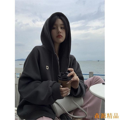 【廣興購物】DayDay少女｜#韓國秋冬加絨加厚寬松BF慵懶風寬松連帽衛衣外套 拉鏈開衫外套 女生保暖外套 棒球外套 韓妞