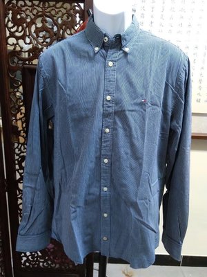 (二手九成新)Tommy Hilfiger藍灰色經典款直條紋長袖襯衫(B726)