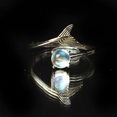 【桑園の】高品 玻璃體 極光 月光 蛋面 美人魚 戒指 s925 銀戒 印度料 月光石 Q 5374