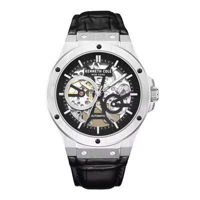 【柏儷鐘錶】 KENNETH COLE 鋼黑面皮革錶帶鏤空機械錶  KCWGE0033505