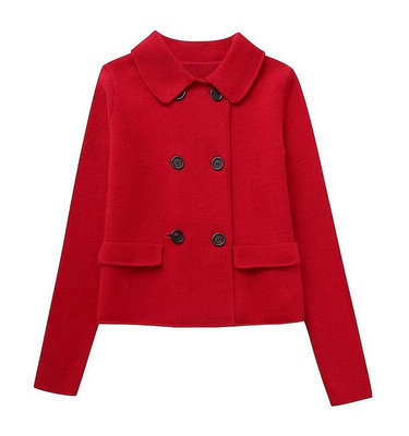 #004（圖）預購商品 新品 西裝外套 長袖開襟上衣 紅色 翻領 撞色雙排釦 對稱口袋飾 針織毛衣UZC73/1123