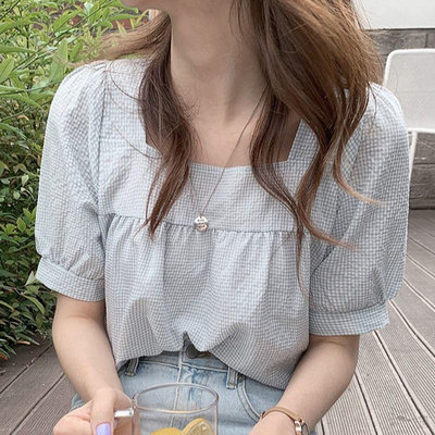 短袖T恤 格子 百搭 氣質 小眾 夏天 韓版 棉T 寬鬆 日系瑞 女 短袖上衣