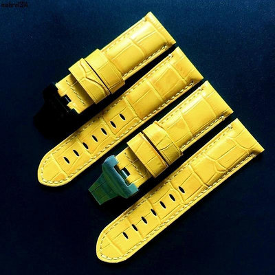 （百搭錶帶）適配沛納海真皮手錶帶鱷魚紋黃色牛皮PAM111 441 312蝴蝶扣款24mm