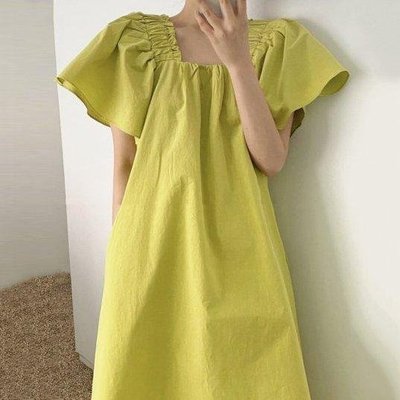 韓國時尚氣質方領純色喇叭袖連身裙洋裝