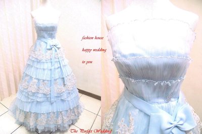 【時尚屋婚紗禮服】水藍色露肩法式蕾絲層次設計師浪漫造型款~二手禮服～Ｗ４０７(歡迎預約試穿)