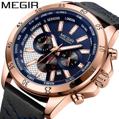 【潮裡潮氣】MEGIR美格爾手錶男時尚真三眼多功能大錶盤真皮男士運動手錶2103