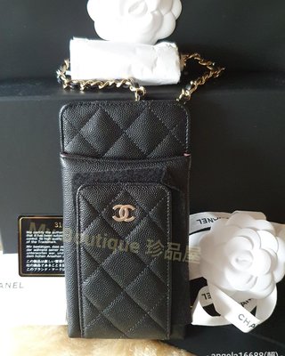 (已售出)【My Boutique珍品屋】現貨!超限量新款!全配Chanel手機包,長夾錢包,卡包~黑荔枝牛皮配金鏈～法國製~附購證正本