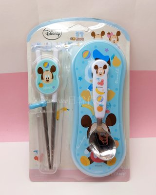 現貨 韓國製 迪士尼 DISNEY 米奇 MICKEY 不鏽鋼 學習筷 特殊設計 湯匙 餐具盒組 兒童餐具 餐具盒組